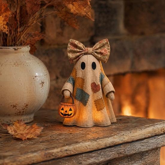 yangyizhi Halloween Lighted Patchwork Ghost Figurine, Light-Up Bow with Pumpkin Lantern, Ghosts Lamp Decoration for Holiday Party