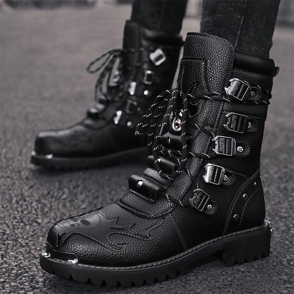 Men's Cowhide Genuine Leather Work Boots, Military Combat Boots, Gothic Skull Punk, Motorcycle Martin Boots, Mens Riding