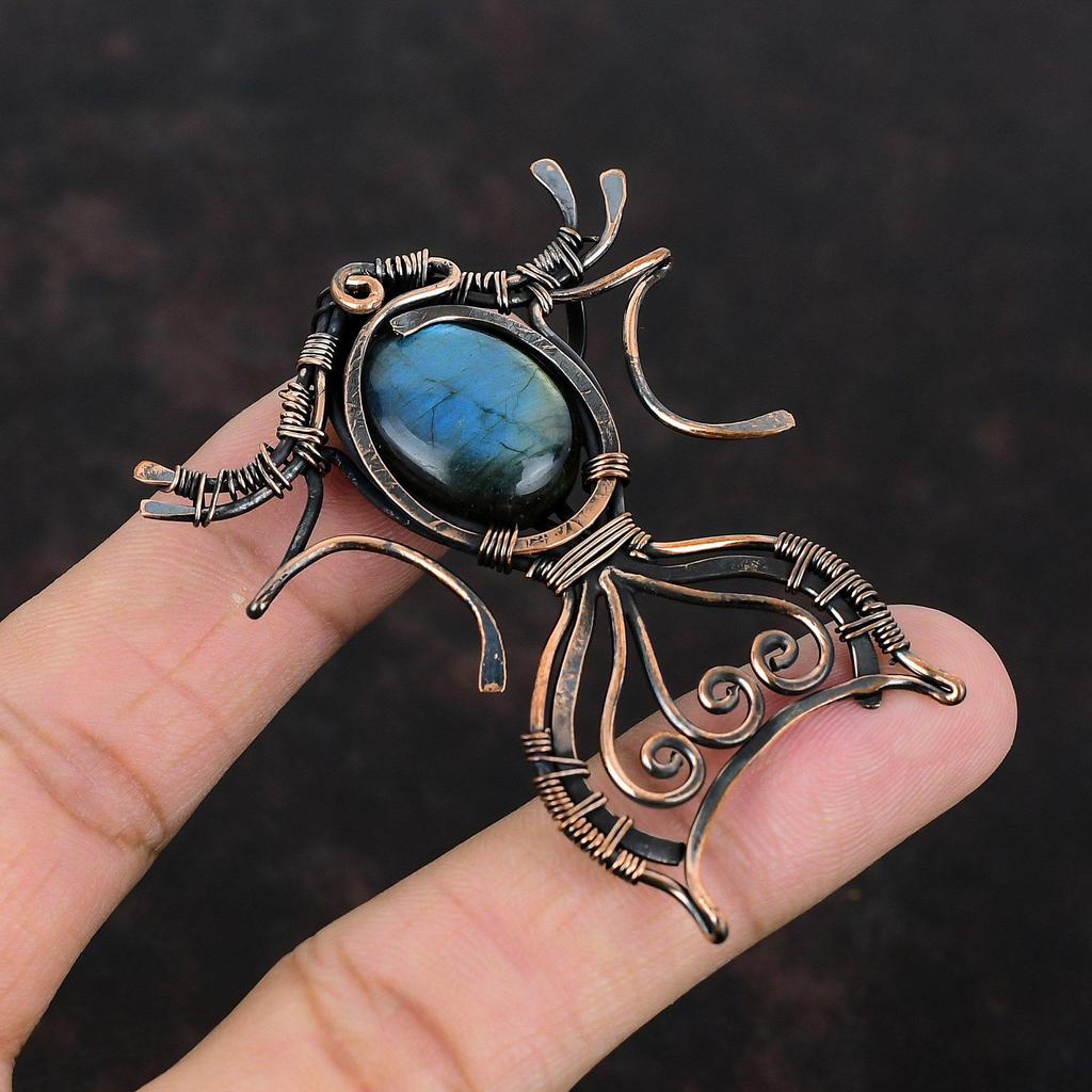 Кулон из лабрадорита, обмотанный медной проволокой, кулон ручной работы, украшение с натуральным драгоценным камнем, украшение из лабрадорита, подарок для нее, совершенно новый кулон