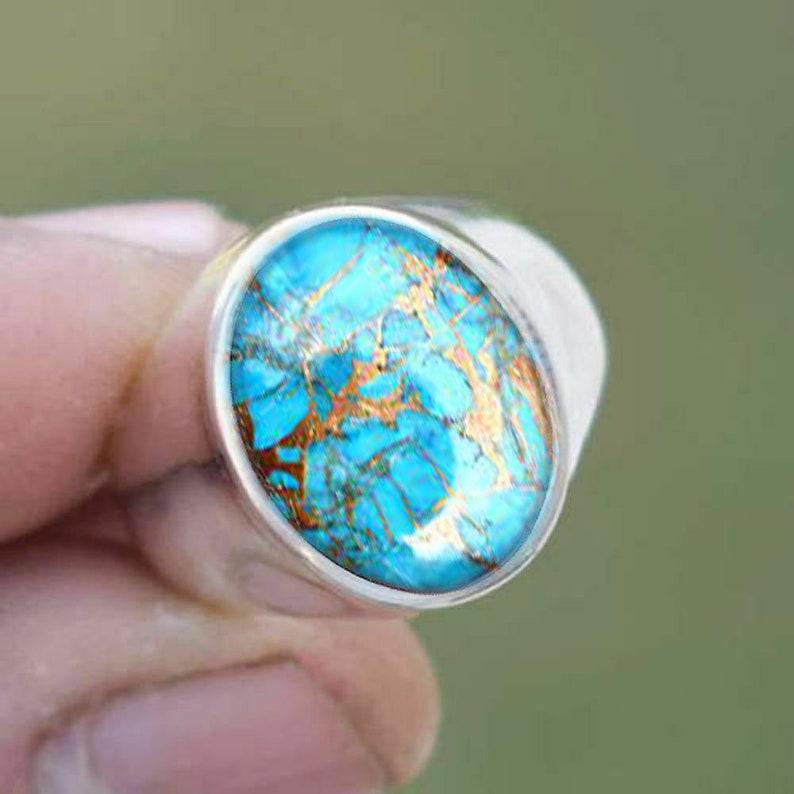 Кольцо с драгоценным камнем Lab Blue Copper Turquoise, овальное кольцо, мужское кольцо, серебро 925 пробы, подарок на день рождения, ювелирные изделия ручной работы