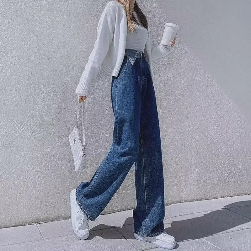 Женские джинсы с высокой талией и широкими штанинами: 2024 Маленький размер, Длина до пола, Прямой крой для весны и осени