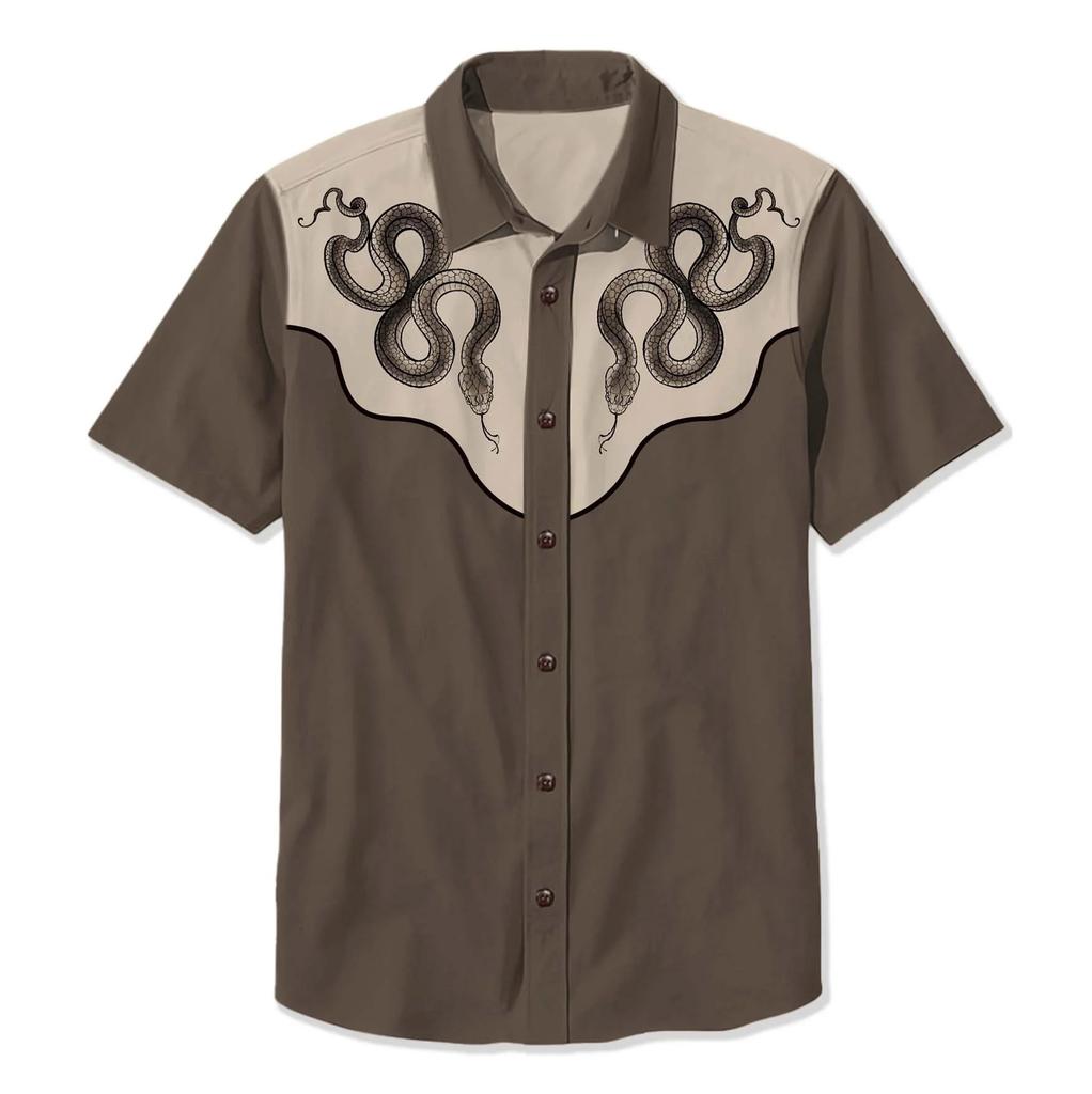 Летняя мужская рубашка в стиле вестерн с принтом в стиле отпуск, повседневная мужская рубашка с лацканами и короткими рукавами с 3D-принтом