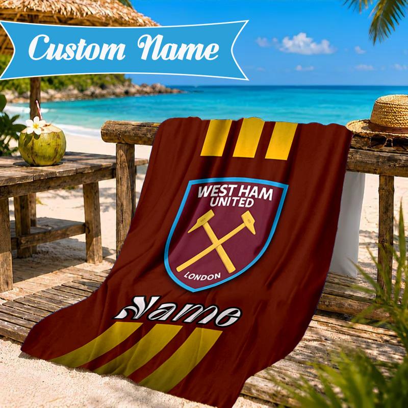 Custom Name Beach Towel West Ham Crests Pattern Microfiber Beach Towel, Lightweight for Summer Travel, Swimming Pool Fan Birthday Gift