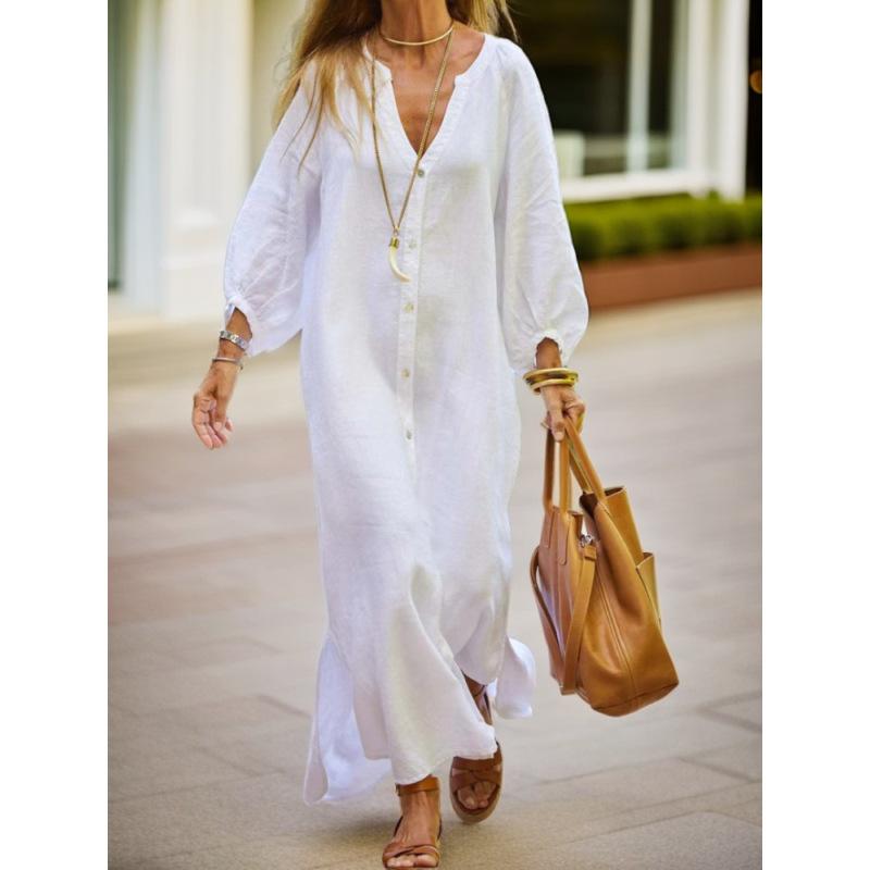 Tooxika 2024 Осень Новое повседневное свободное платье-рубашка с V-образным вырезом большого размера с длинными рукавами из хлопка и льна