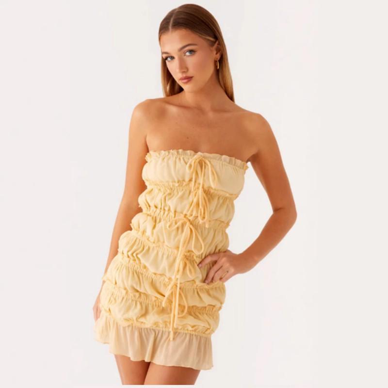 Womens Sweet Yellow Bow Tie Strapless Mini Dress 2025