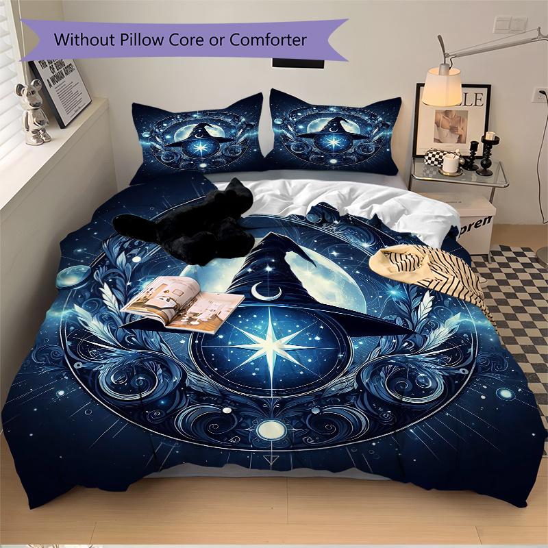 3pcs Wizard's Hat A Mystical Celestial Emblem Printed Duvet Cover Set (1 * Cover+2 * Pillowcase, Without Core), Suitable for Home Bedroom, Guest