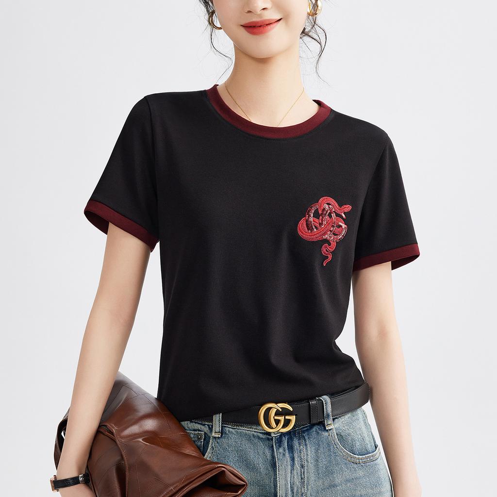 Женская вышивка мода контрастного цвета круглый вырез свободный тонкий Senior Sense короткий рукав топ