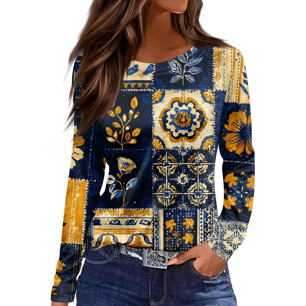 Women's Fashion Hem Slit Casual Retro Floral Print Round Neck Long Sleeve Top