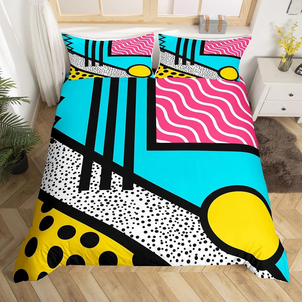 Blue Pink Memphis Bedding Set Colorful Abstract Duvet Cover Hippie Hip Hop Comforter Cover Geometric Vintage Fashion Quilt Cover