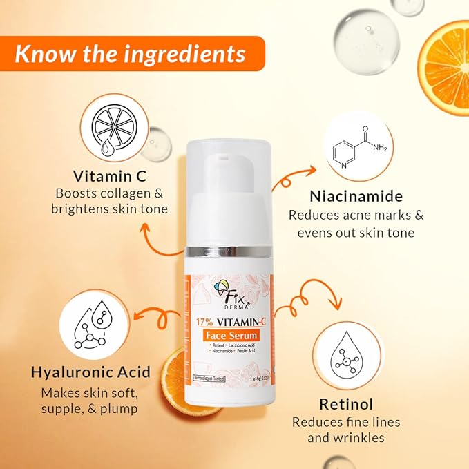 Fixderma Сыворотка для лица с витамином С 17% для сияющей кожи | Ретинол | Осветляющая сыворотка с витамином С для женщин и мужчин | Ночная антивозрастная | Ниацинамид - 15 г