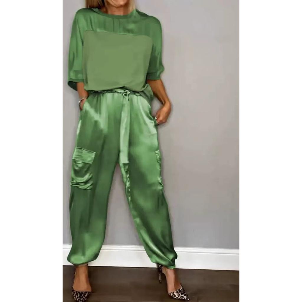 Женский комплект, однотонный комплект из гладкого атласа, топ с рукавами три четверти и брюки, комплект из двух предметов