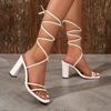 Women's Solid Color Block Heeled Sandsals, Sexy Square Toe Lace Up Sandals, Fashion Summer Sandals