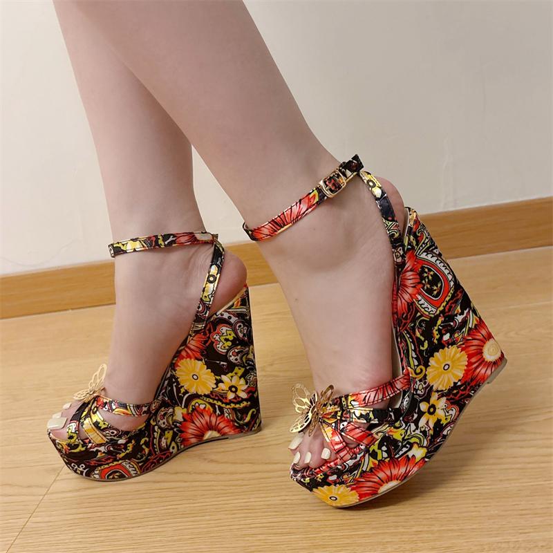 Aneikeh Летние женские босоножки с открытым носком и пряжкой на ремешке, дизайнерские босоножки на танкетке с цветочным принтом, на платформе и высоком каблуке, для банкетов и вечеринок