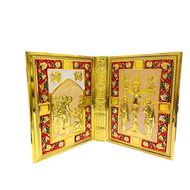 Gold Plated Catholic Orthodox Bible Cover with Enamel Icons for Church Liturgy Home Altar Prayer Devotion Christian Gift Decor