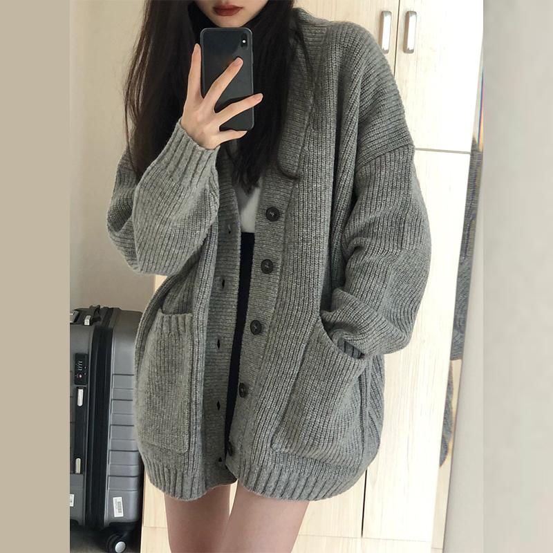 Женский свитер средней длины, кардиган, свободная вязаная куртка с v-образным вырезом