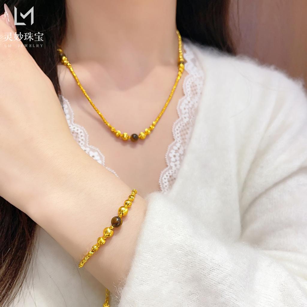 Ожерелье и браслет с бусинами «Кошачий глаз» для женщин, 24K золото AU999 - Стиль «Кошачий глаз» в стиле легкой роскоши, сдержанно мерцающее, для офисных дней