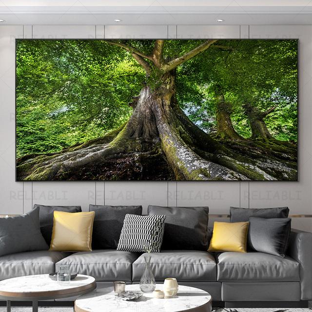 Пейзажные картины с зеленым деревом, холст, живопись, лесные постеры и гравюры, настенное искусство с гигантскими деревьями, картины для гостиной, декор для дома