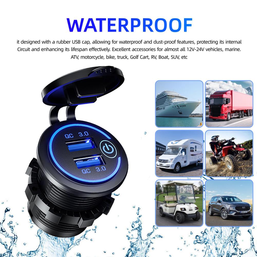 Быстрая зарядка 3.0 Двойное USB Быстрое автомобильное зарядное устройство Водонепроницаемое 12 В/24 В Выход питания QC3.0 с сенсорным переключателем и светодиодной подсветкой
