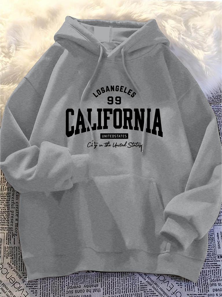 American Retro Los Angeles "California" Hooded Sweatshirt with Letter Print for Men, Suitable for Autumn and Winter, Hooded Top