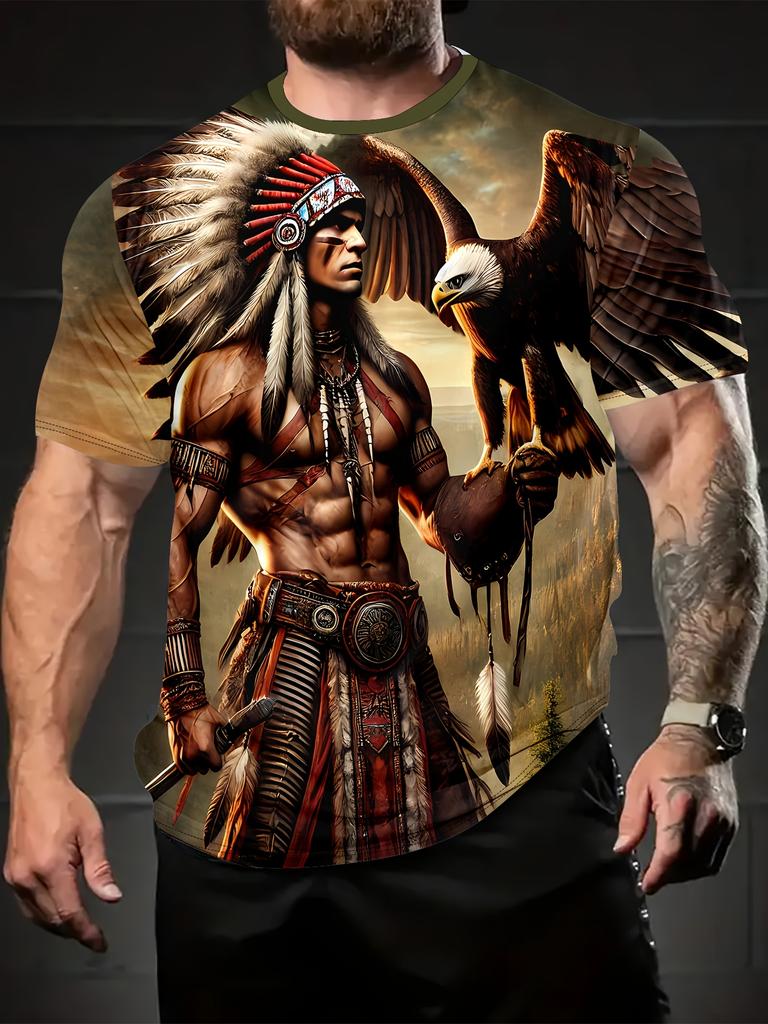Men's 3D Print Chief and Eagle Graphic T-Shirt - Vivid Native American design, breathable polyester, crew neck, short sleeves