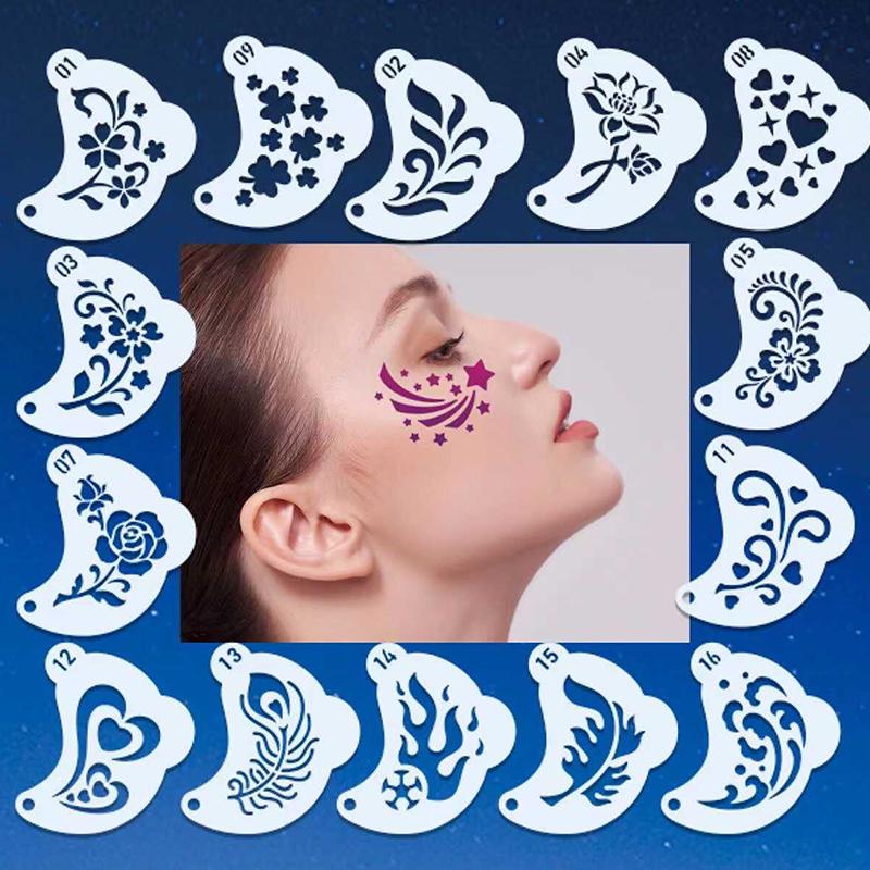 16Pcs Face Painting Tattoo Stencil Diy Hand Drawn Spray Painting Eyebrow Tattoo Template Dance Party Makeup Tools Beauty Sticker