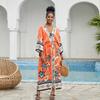 2023 Bikini Cover-ups Pink Boho Print Self Belted Open Front Long Kimono Dress Beach Tunic Women Swim Suit Cover Up Q996