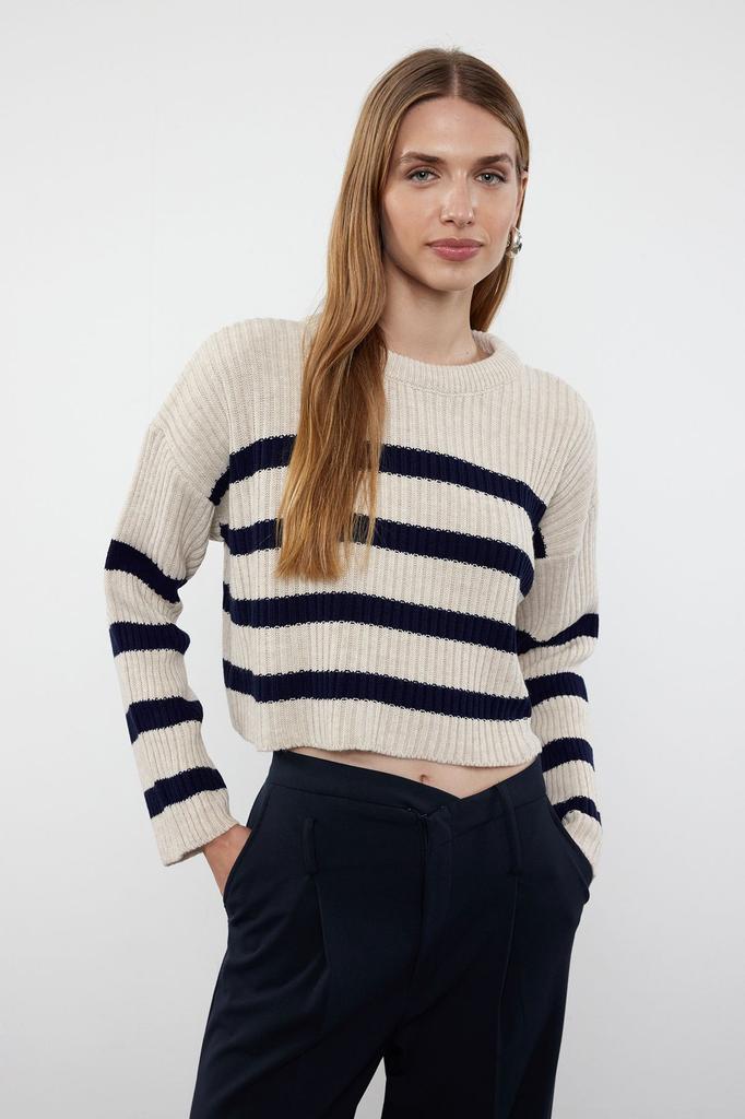 Женский свитер в элегантном стиле, укороченный вязаный свитер в полоску с камнями