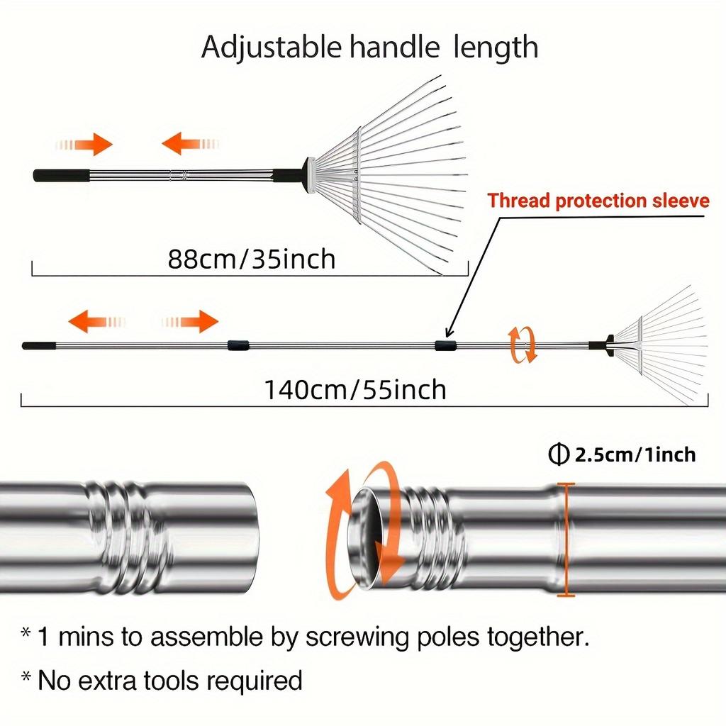 1 упаковка регулируемых садовых граблей для листьев 55 дюймов, складные металлические дворовые грабли для листьев с раздвижной головкой 7-16 дюймов, сбор мусора для газонов, кемпинга, кустарников