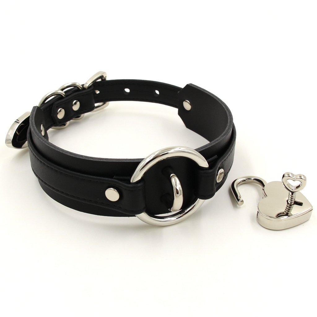 Кольцо-чокер с замком в форме сердца из искусственной кожи черного цвета (Черное серебро)