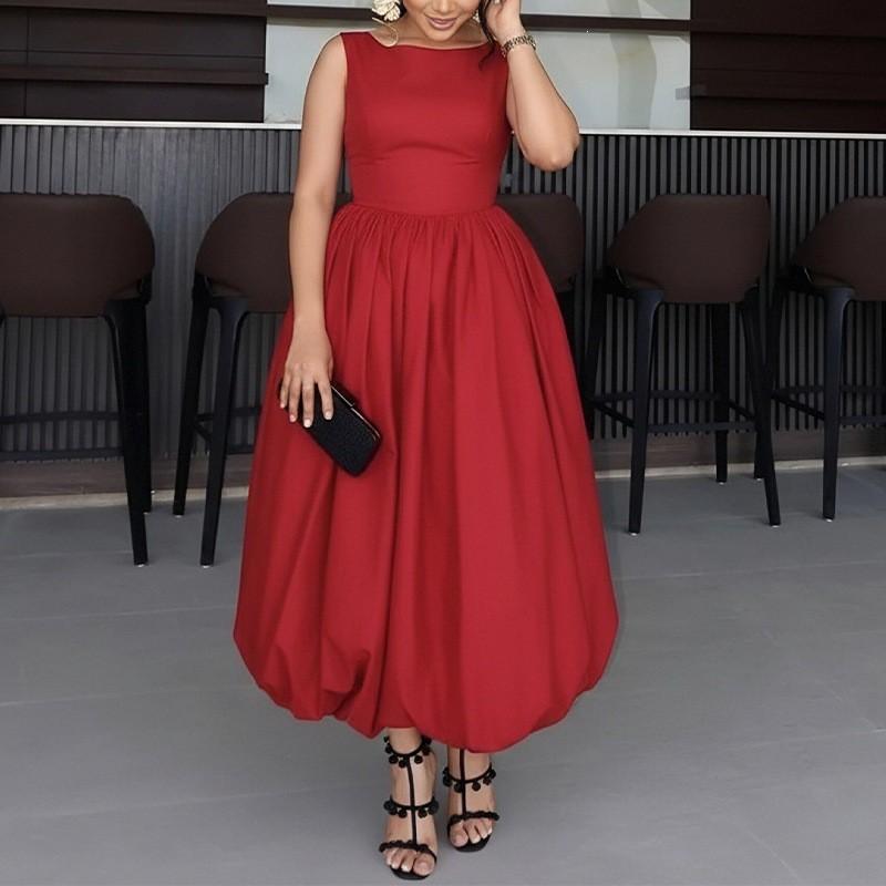2026 Womens Sleeveless Solid Color Panelled Peplum Midi Dress High-Waisted Fit-and-Flare Style Casual Daily Wear