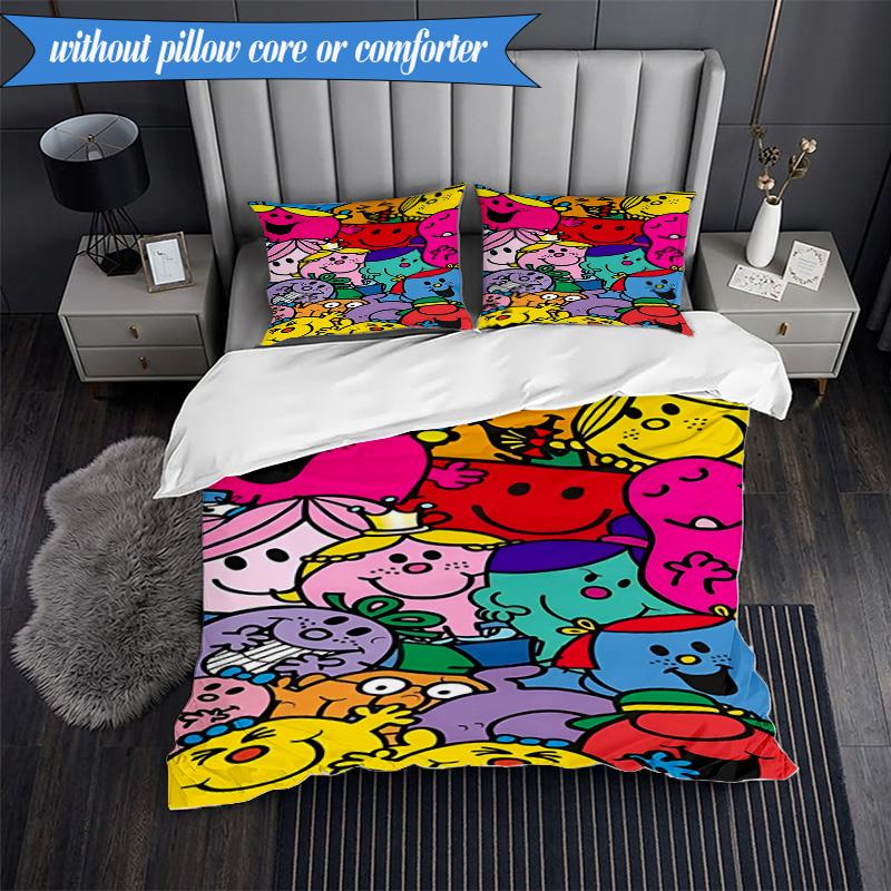 3PCS Mr Man Colorful Creatures Bedding Set 2D Printing (Includes 1 Duvet Cover + 2 Pillowcases Coreless), Bedroom decor,Fan gift