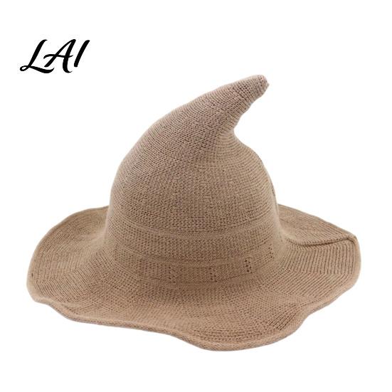 Theme Event Costume Hat Women Pointed Witch Hat Foldable Wide Brim Knitted Cap Halloween Retro Style Cosplay for Autumn Winter Themed Party