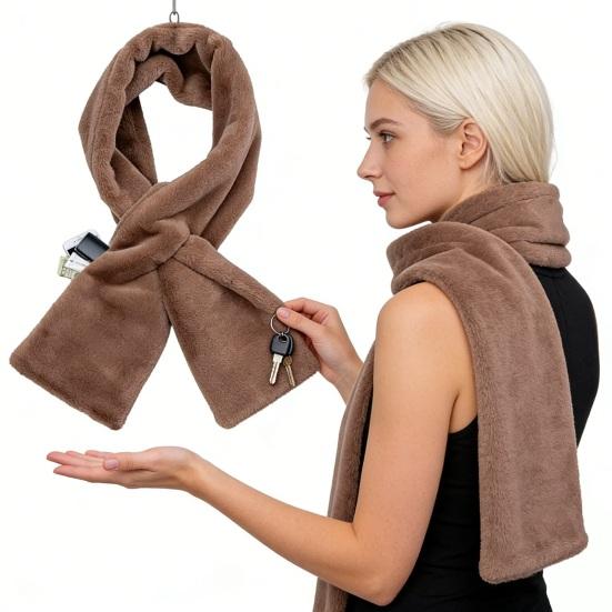 Шарф со скрытой молнией однотонный мягкий удобный теплый унисекс зимний шарф кошельки телефоны карман искусственный мех шарф-петля
