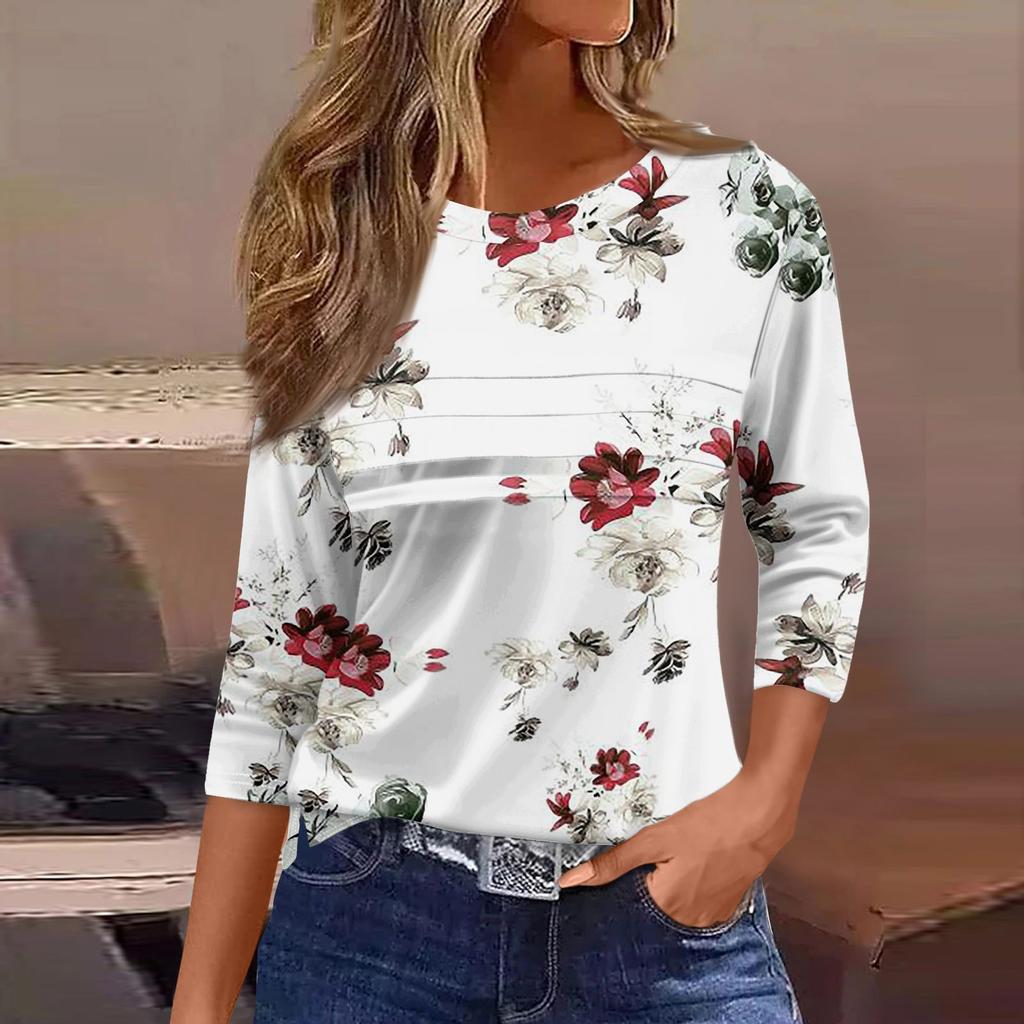 Футболки для женщин, плиссированные, с круглым вырезом, нарядные, повседневные, блузки с принтом, рукав 3/4, летние топы, свободный крой