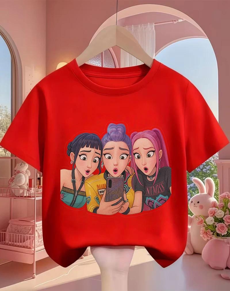 Urban Street Kpop Demon Hunters Print T Shirt Summer Kawaii Casual Everyday Short Sleeve Round Neck Tops For Children