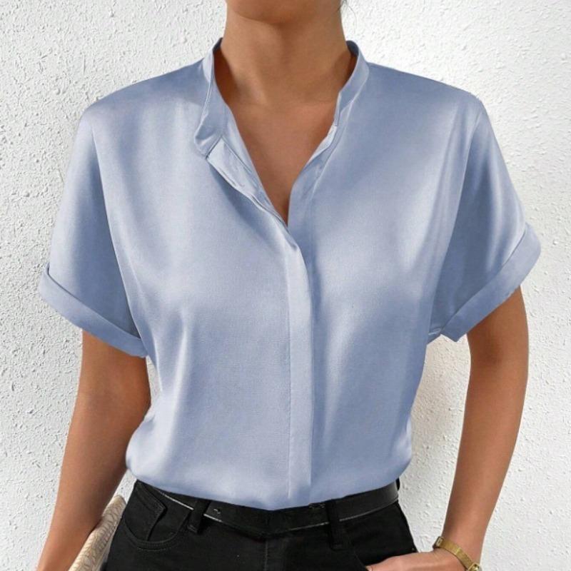 Модная однотонная атласная повседневная рубашка с коротким рукавом, женские летние топы, элегантные простые блузки с воротником-стойкой, женские узкие офисные рубашки на пуговицах 26558