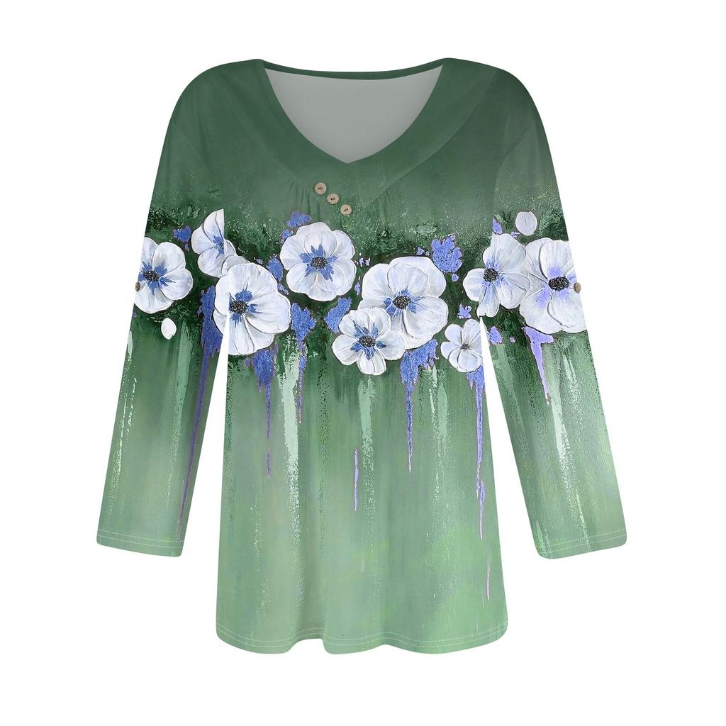 Рубашки для женщин, модные футболки на пуговицах с v-образным вырезом, повседневные летние футболки с принтом, футболка, блузка, топы с рукавами три четверти для женщин