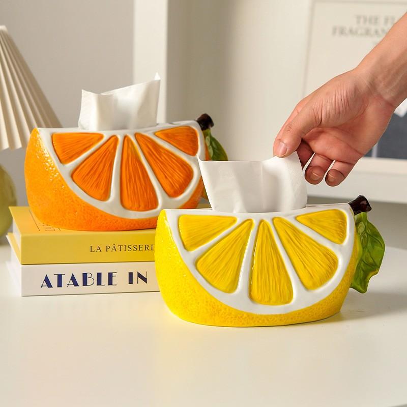 9.44" Ceramic Cartoon Lemon Orange Citrus Tissue Box, Decorative Napkin Holder for Coffee Table Living Room