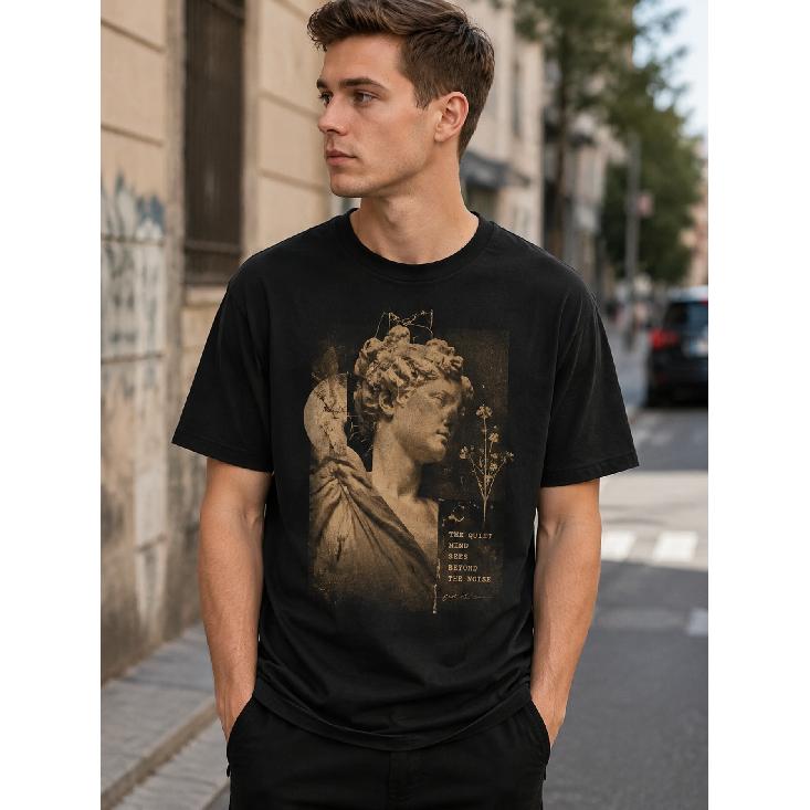 Men's vintage graphic tee with classical statue print, soft cotton blend, relaxed fit, crew neck, short sleeves, artistic design for casual