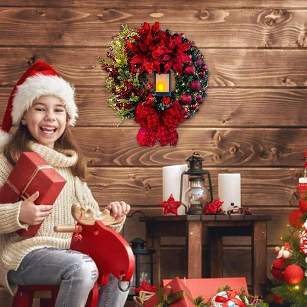 Christmas Wreath for Front Door, Christmas Winter Home Decoration Wreath with Lights for Front Door Window Wall Navidad Decor