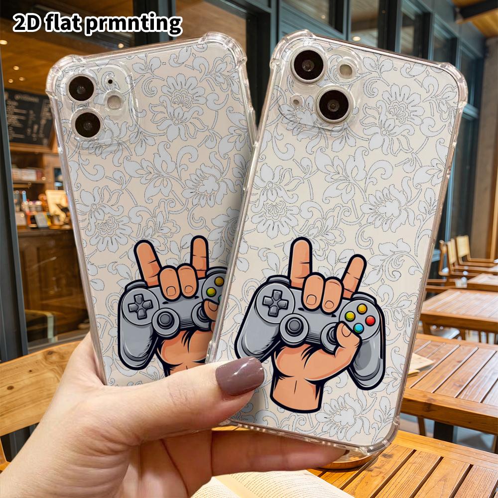 Phone Case: 2D flat suitable for iPhone 18 17 16 15 14 13 Pro, transparent four corner protective case, rock hand gesture, Christmas and Halloween gif