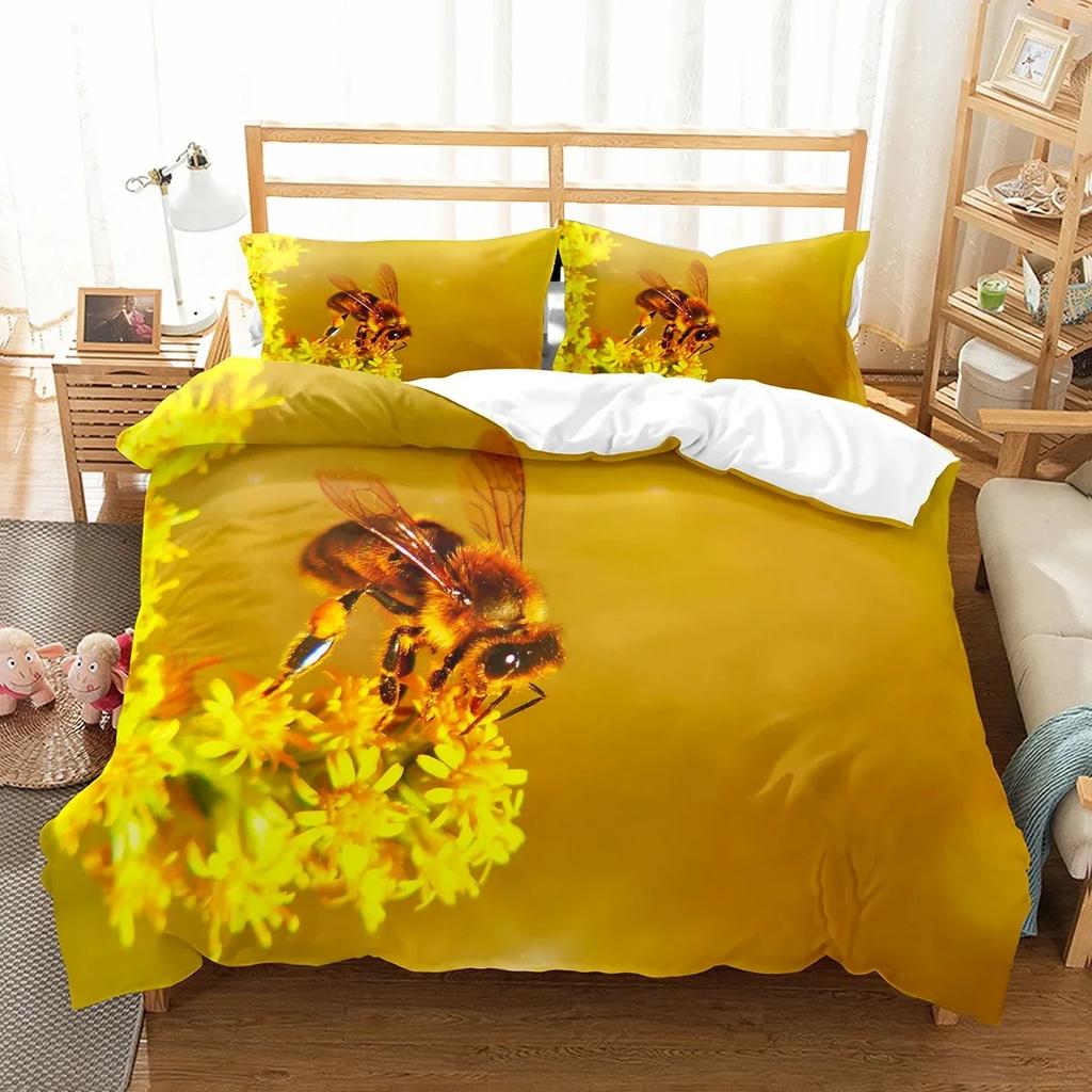 Yellow Bee Duvet Cover Set Cartoon Wild Animals Pattern Quilt Cover With Pillowcase Lightweight Soft Gift King Queen Full Size