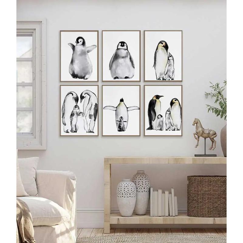 Watercolor Cute Penguin Family Poster Baby Animal Canvas Painting Print Wall Art Picture Nursery Baby Room Home Decor Mural