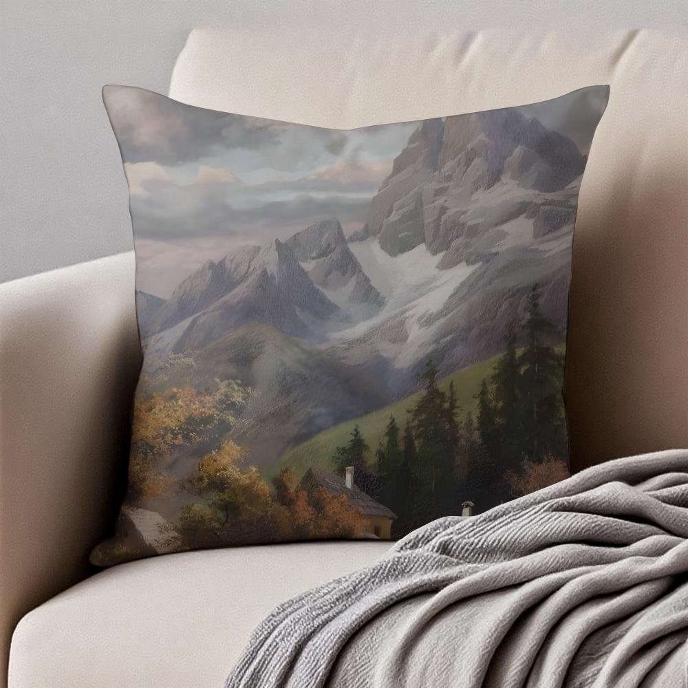 MMountain Landscape Pillow Art Decor Cushion Cushion Cover Pillowcase Antidustmite Invisible Zipper Short Plush Sofa Cushion