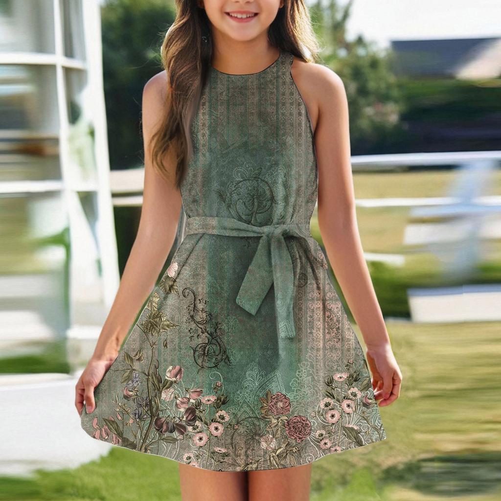 Летнее платье для девочек Платье без рукавов на бретельках Однотонное платье без рукавов с принтом Повседневное платье