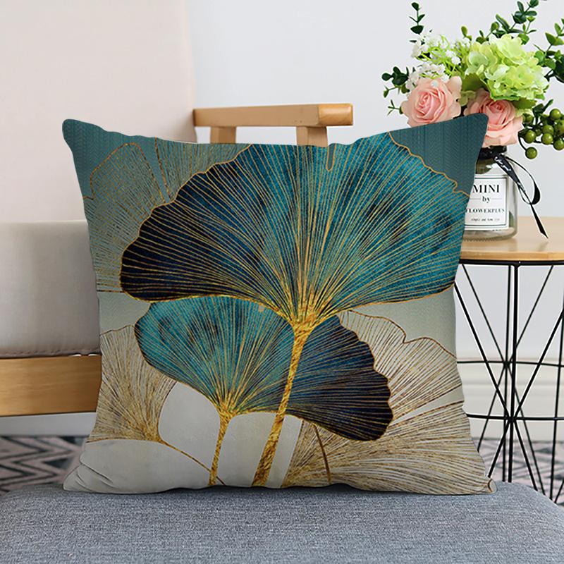 45x45cm Gingko Leaf Polyester Cushion Cover Black Gold Waist Pillowcase Living Room Chair Sofa Home Decoration