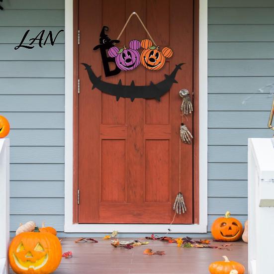 Rustic Wooden Hanging Decor Halloween Boo Wood Door Sign, Mouse Shaped Hanger Wreath, Cute Pumpkin Wall Plaque for Front Door, Yard, Porch,