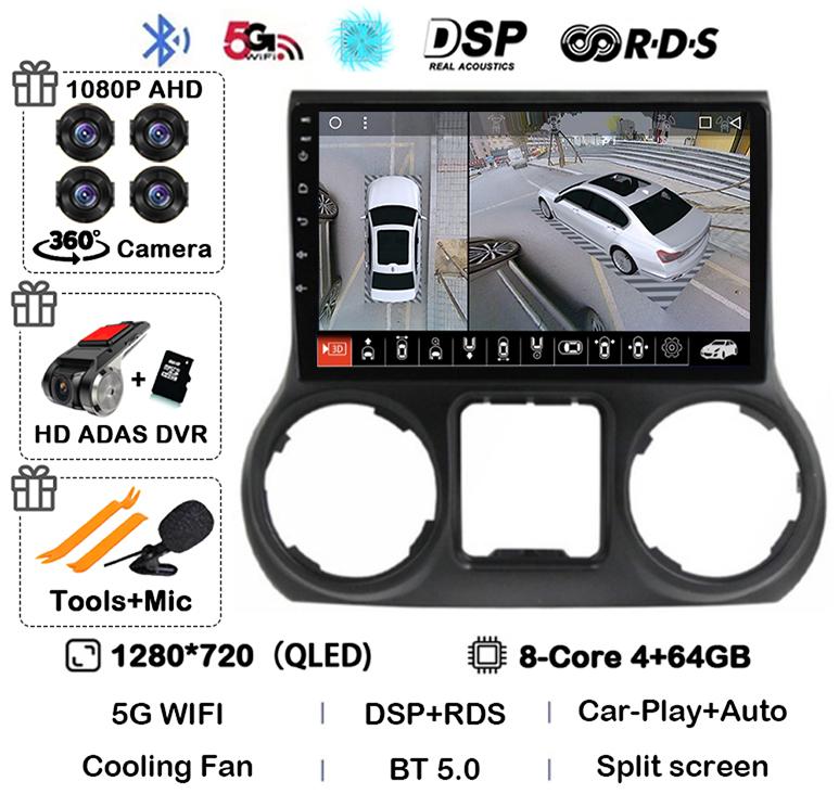 Android 14 Carplay Auto WIFI+4G For Jeep Wrangler 3 JK 2010 2011 2012-2018 Car Radio Multimedia Player GPS 360 Camera Stereo DSP