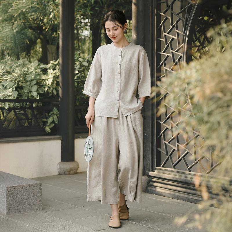 Deer and Andi summer new linen shirt women's seven-quarter-sleeved new Chinese high-end shirt loose cardigan top