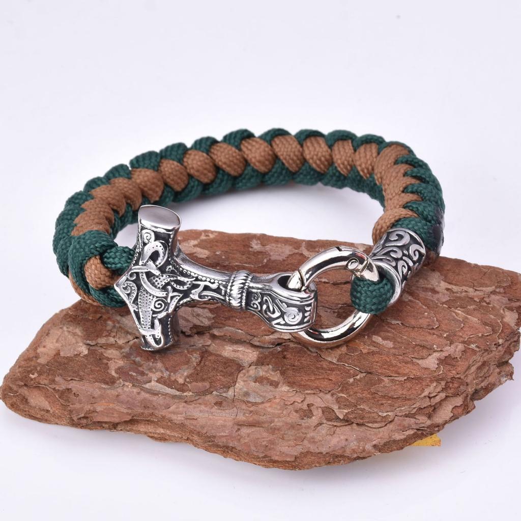 Мужской браслет из нержавеющей стали с молотком Тора викингов, зонтик, веревка, плетеный браслет с обратным масштабом, браслет с узлом